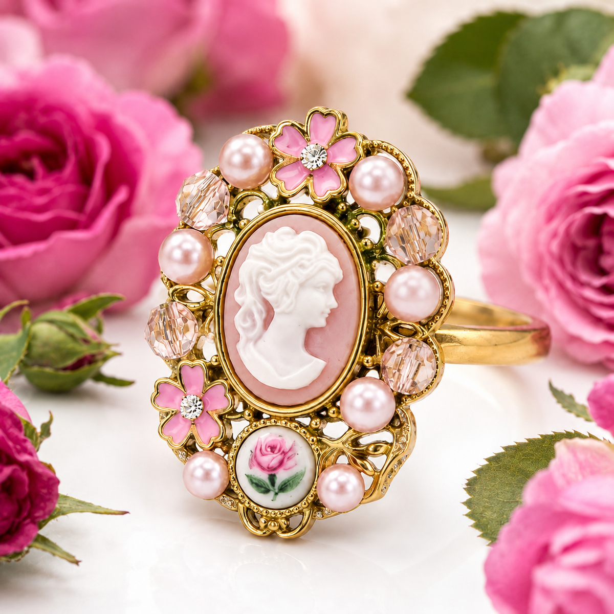 Vintage Cameo Pearl-Style Statement Ring – Pink Floral Enamel Gold-Tone Ring – Size 10