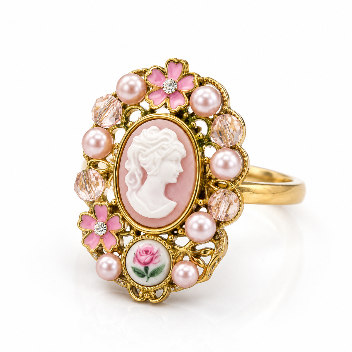 Vintage Cameo Pearl-Style Statement Ring – Pink Floral Enamel Gold-Tone Ring – Size 10