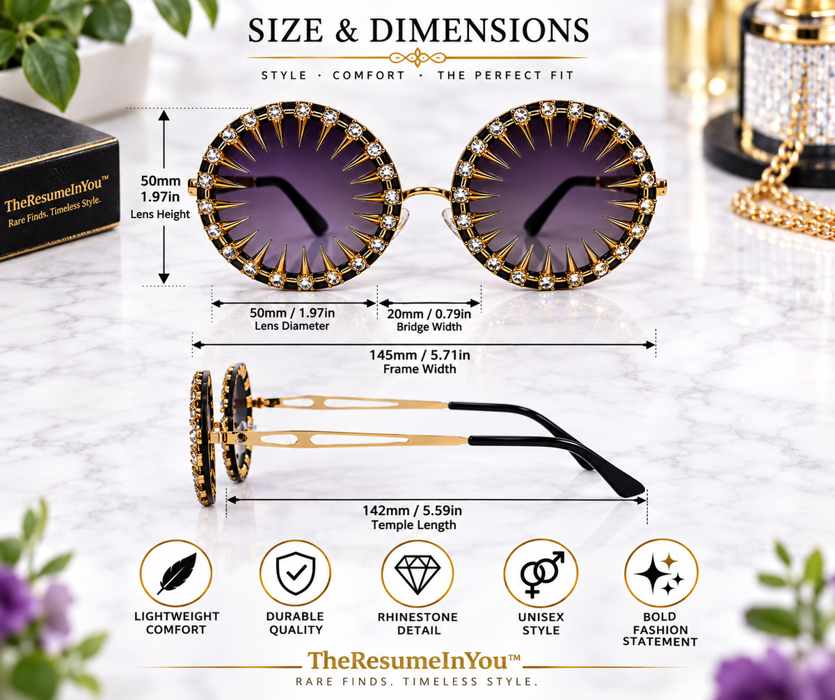 Round Rhinestone Spike Sunglasses – Gold-Tone Statement Shades with Purple Tinted Lenses
