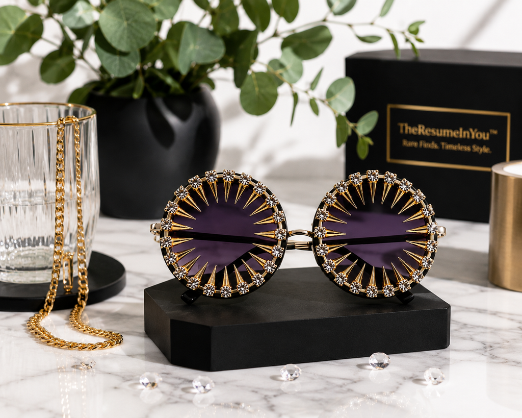 Round Rhinestone Spike Sunglasses – Gold-Tone Statement Shades with Purple Tinted Lenses