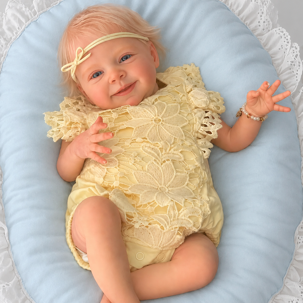19" Smiling Blonde Reborn Baby Doll – Soft Body Realistic Newborn with Yellow Lace Outfit