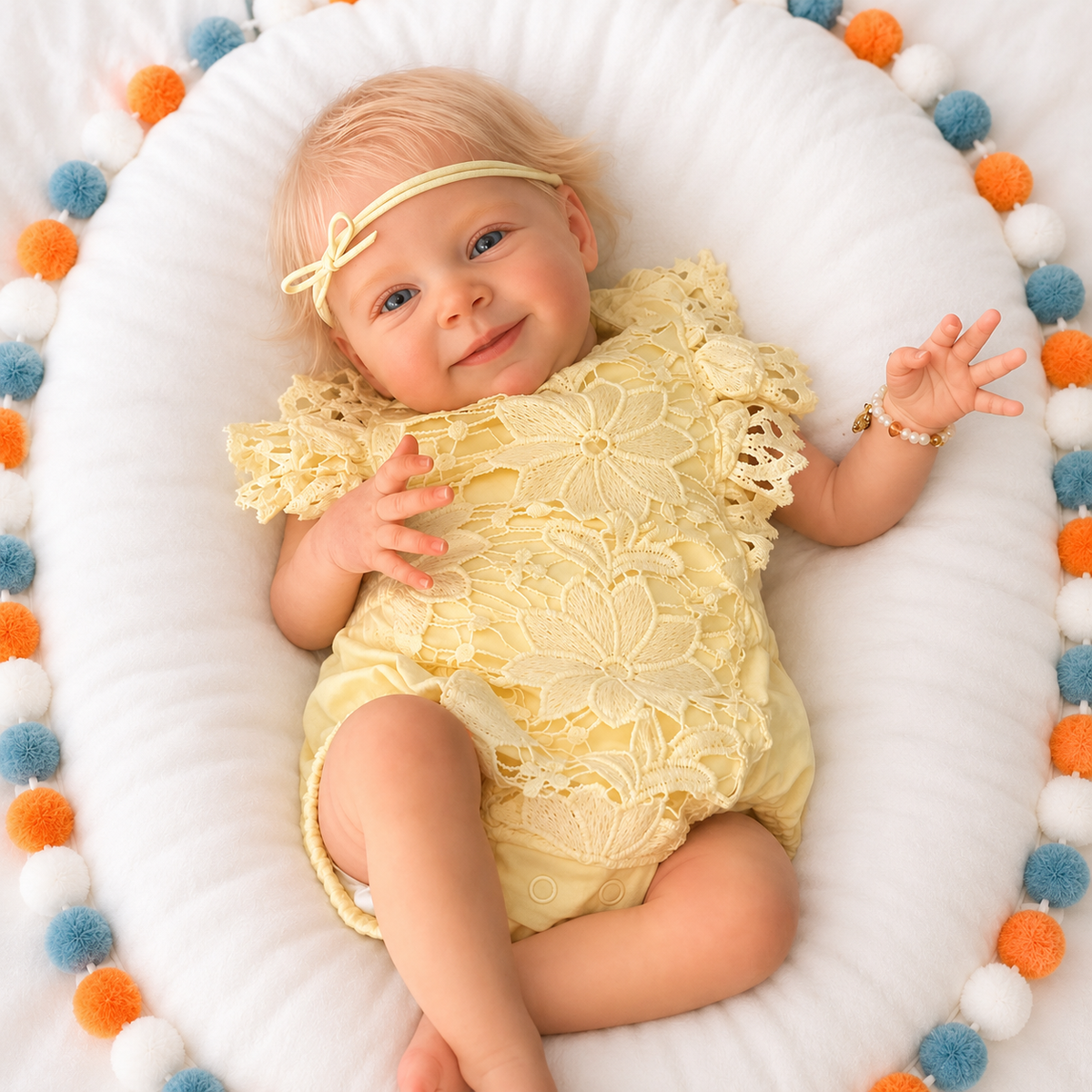 19" Smiling Blonde Reborn Baby Doll – Soft Body Realistic Newborn with Yellow Lace Outfit