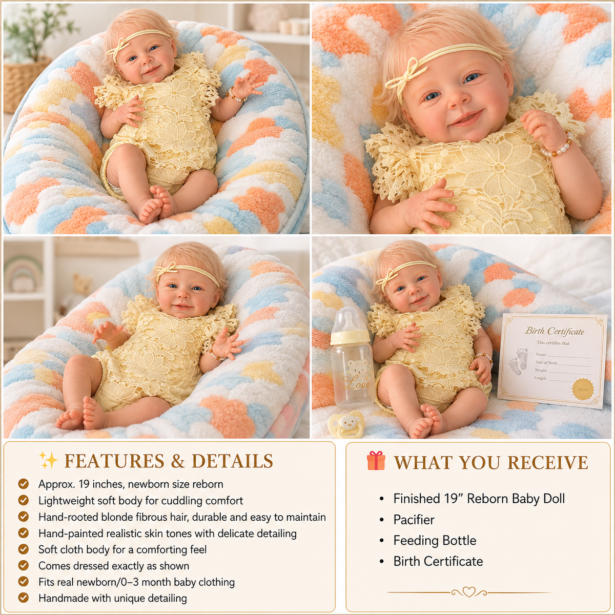 19" Smiling Blonde Reborn Baby Doll – Soft Body Realistic Newborn with Yellow Lace Outfit