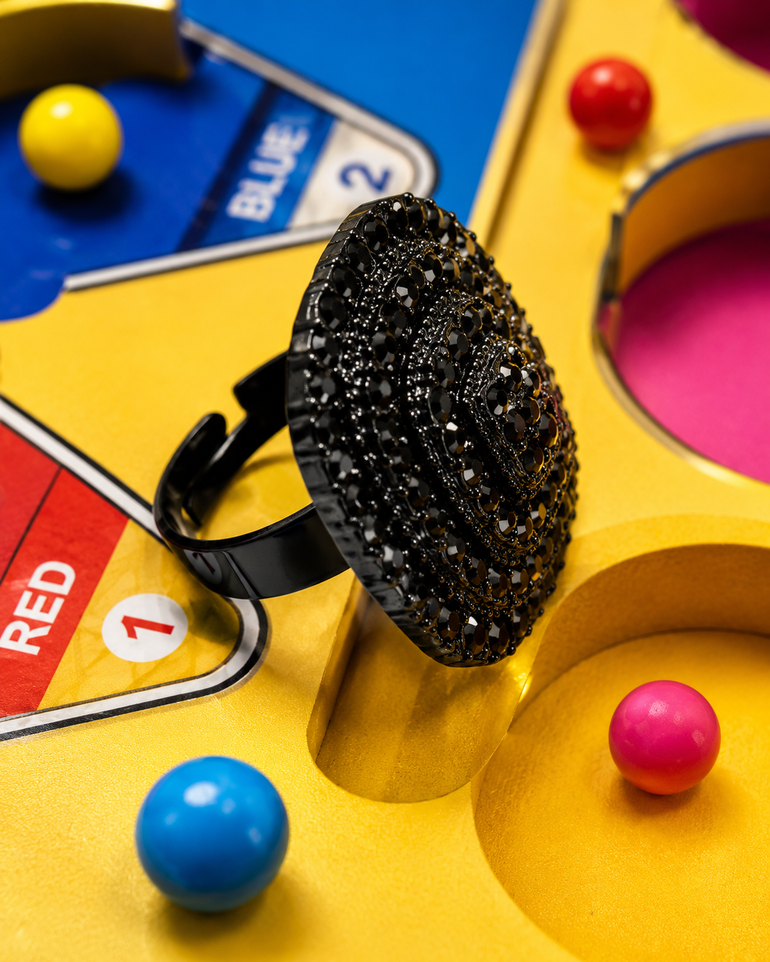 Black Rhinestone Statement Ring – Square Layered Cocktail Ring