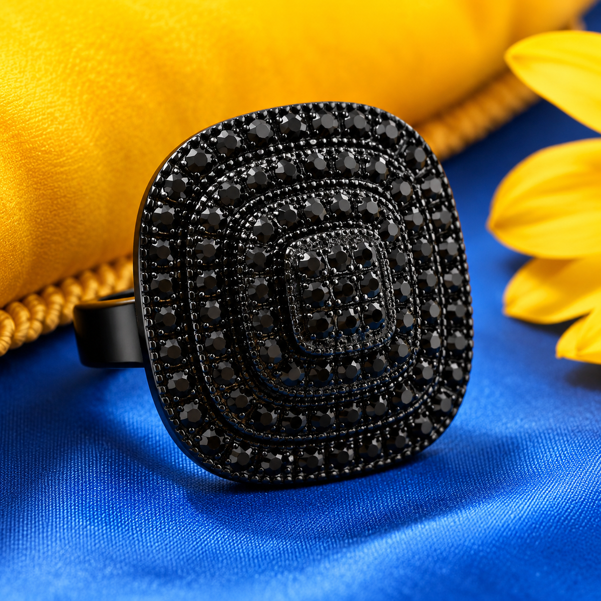 Black Rhinestone Statement Ring – Square Layered Cocktail Ring