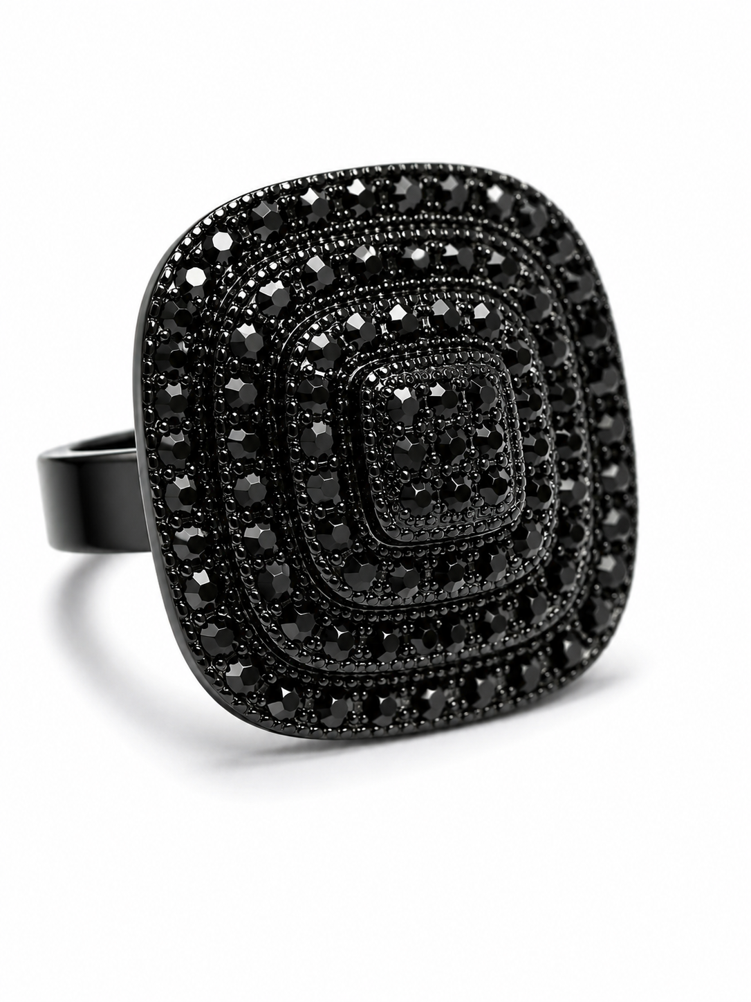 Black Rhinestone Statement Ring – Square Layered Cocktail Ring