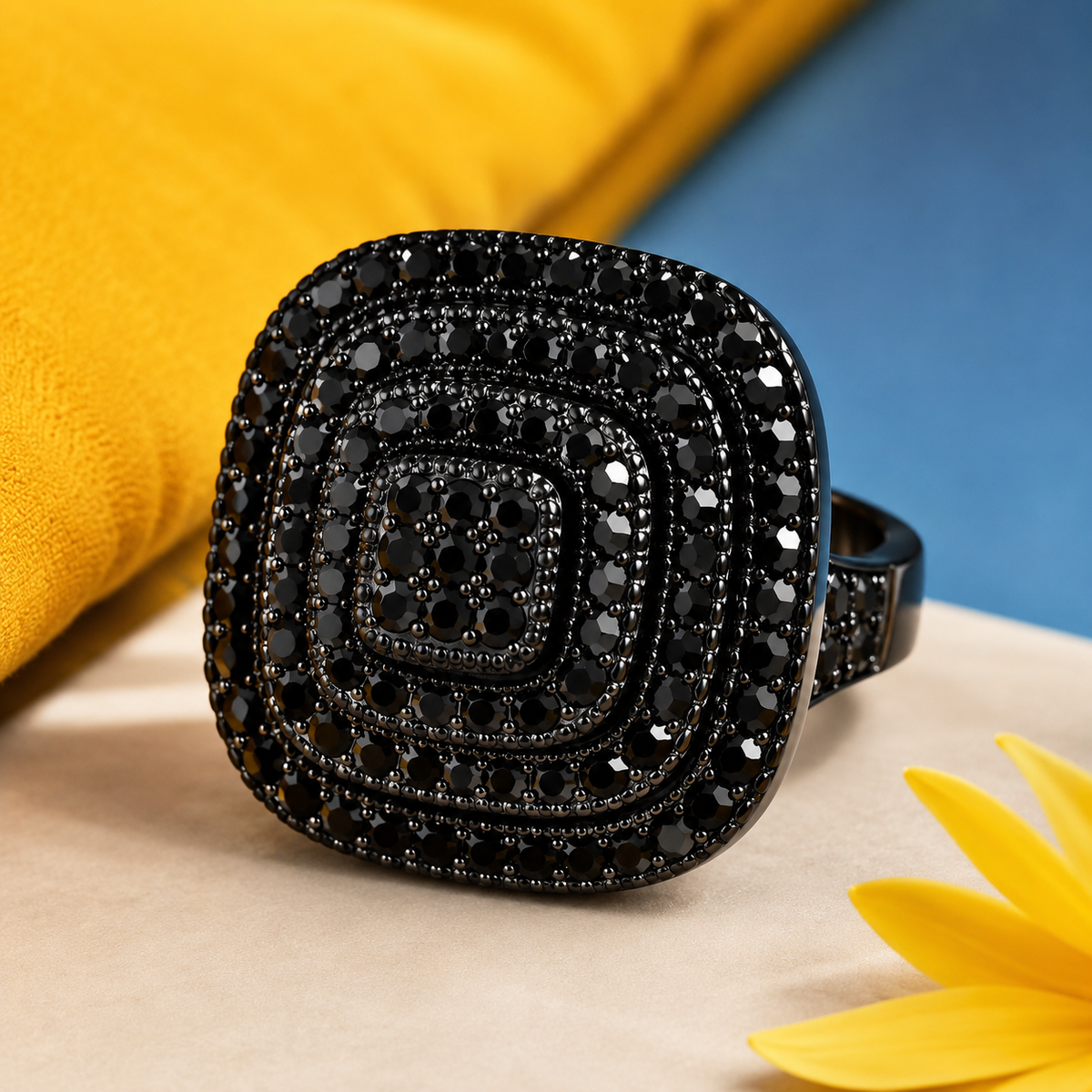 Black Rhinestone Statement Ring – Square Layered Cocktail Ring