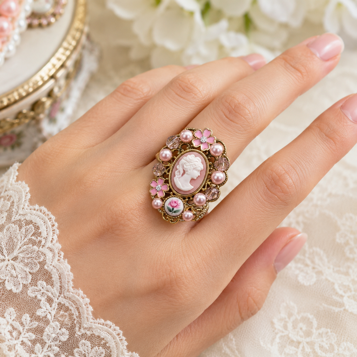 Vintage Cameo Pearl-Style Statement Ring – Pink Floral Enamel Gold-Tone Ring – Size 10