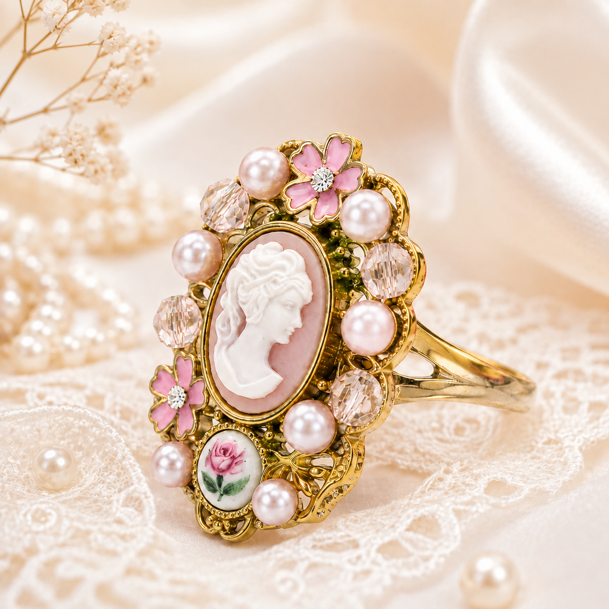 Vintage Cameo Pearl-Style Statement Ring – Pink Floral Enamel Gold-Tone Ring – Size 10