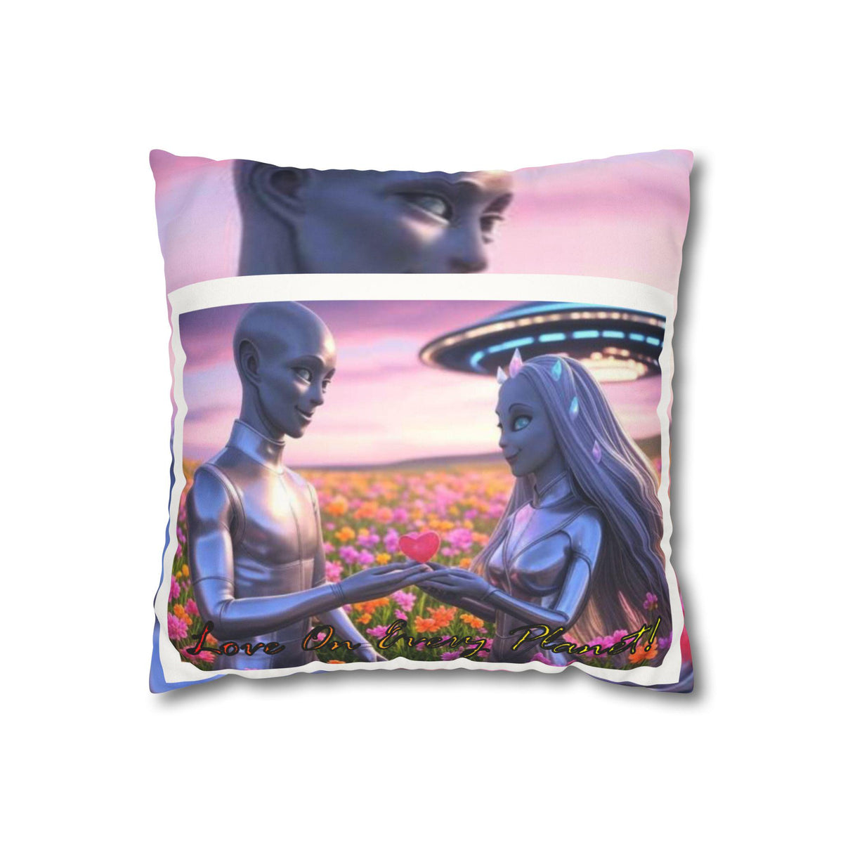 Alien Love Faux Suede Square Pillowcase, Decorative Throw