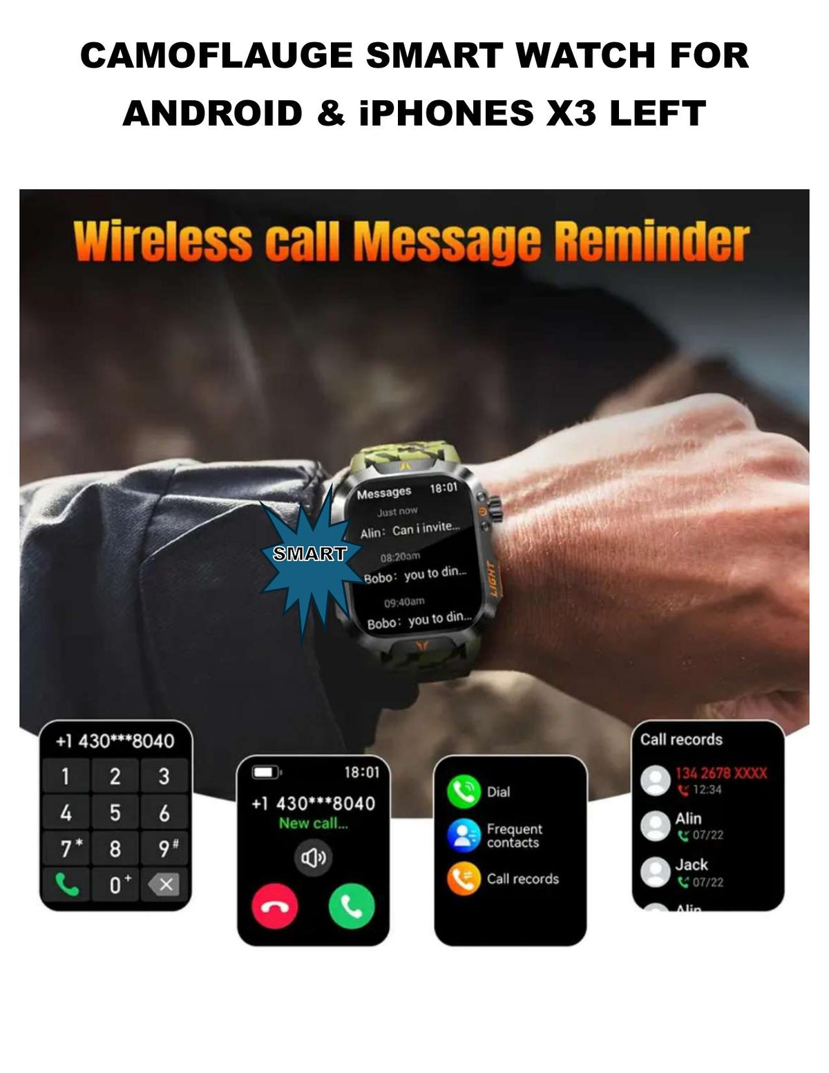 Camouflage Outdoor Smartwatch: 100+ Sports Modes, LED Flashlight