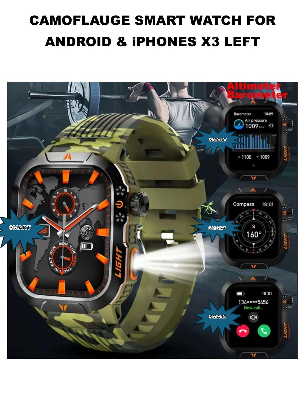 Camouflage Outdoor Smartwatch: 100+ Sports Modes, LED Flashlight