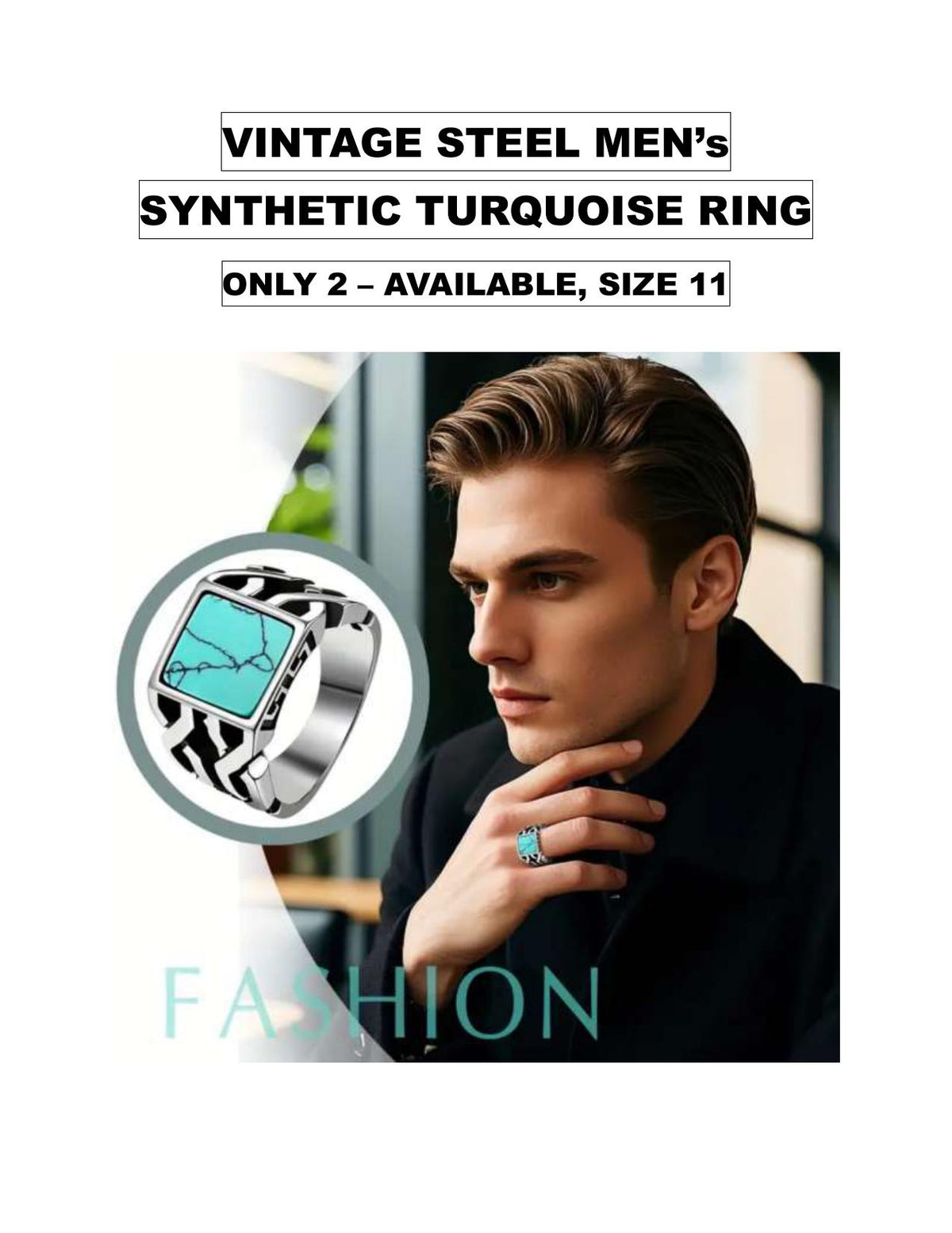 Men's Synthetic Turquoise Ring Silver and Steel Band