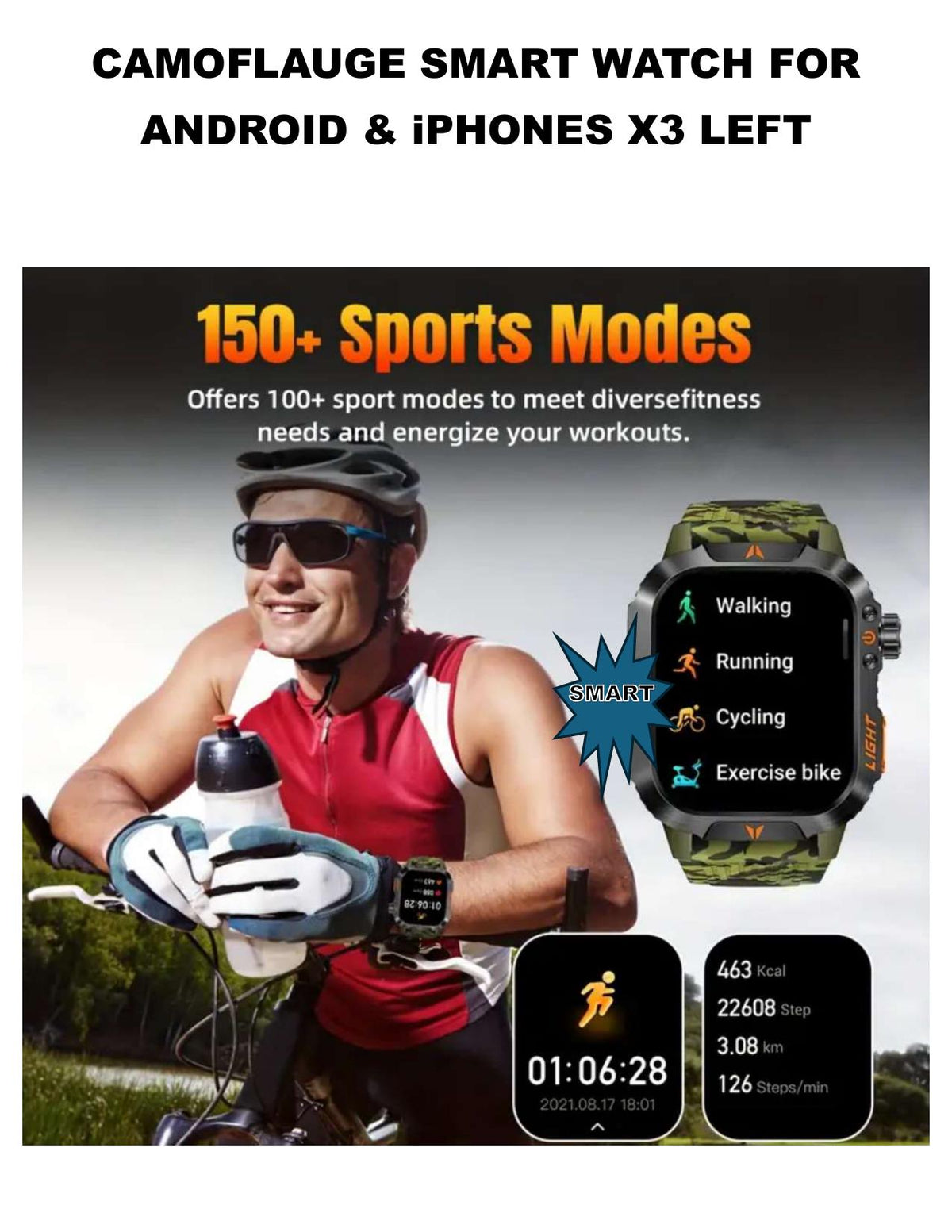 Camouflage Outdoor Smartwatch: 100+ Sports Modes, LED Flashlight