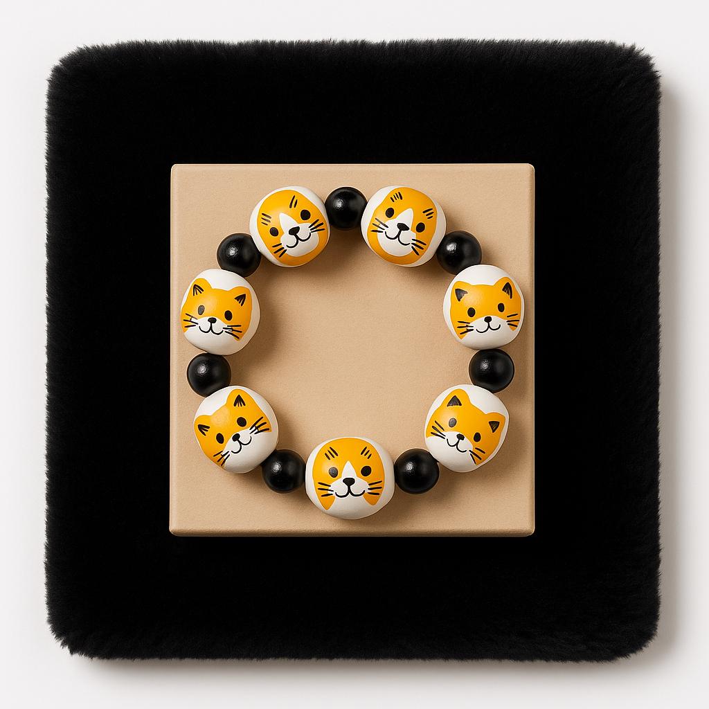 Yellow Cat Wooden Bead Bracelet - Handmade Friendship Jewelry