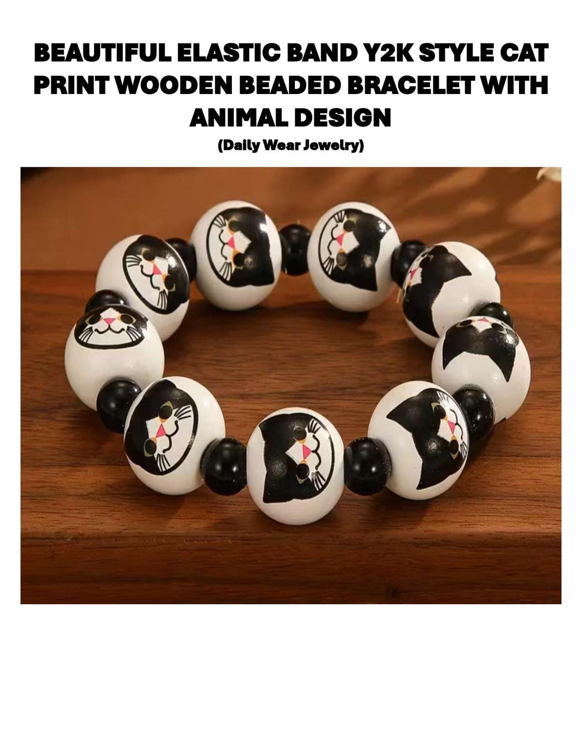 Black Cat Wooden Bead Bracelet - Handmade Stretchy Jewelry