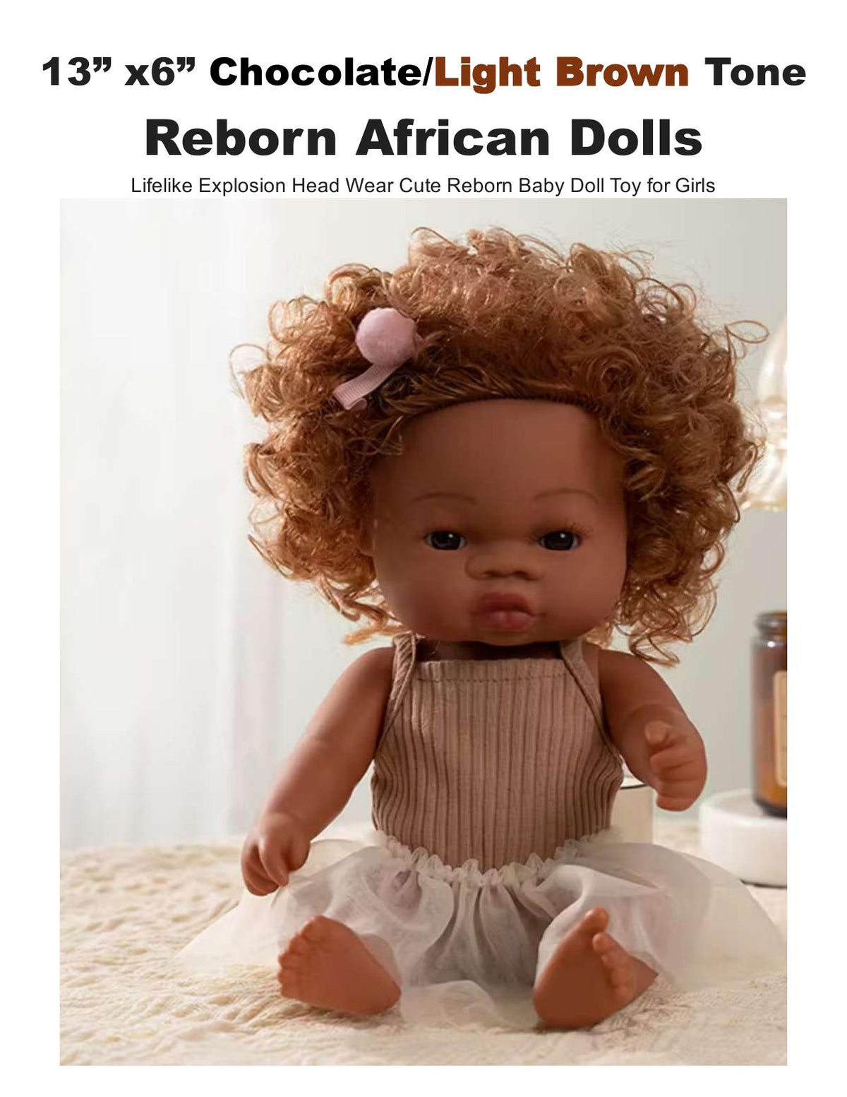 13" African American Reborn Doll: Curly Hair, Tulle Dress