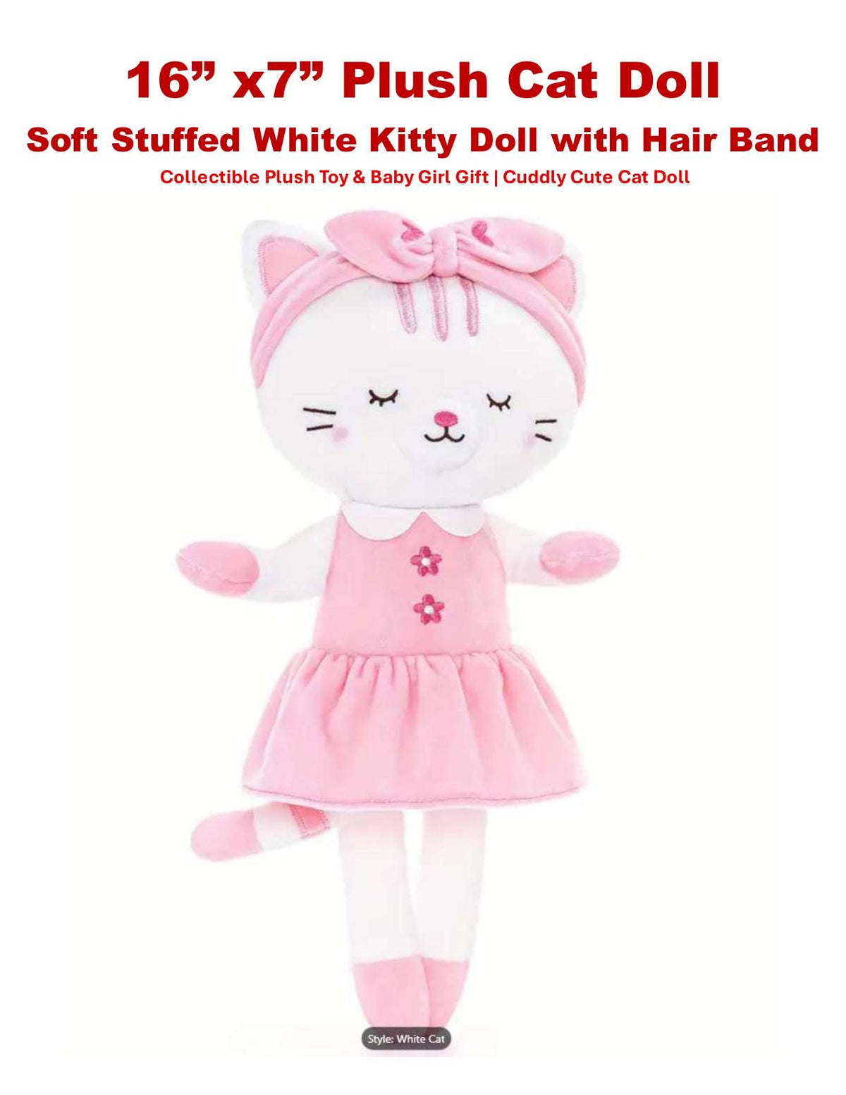 Handmade Dancing Cat Plush Doll – White Kitty, Pink Dress, Limited Edition Collectible
