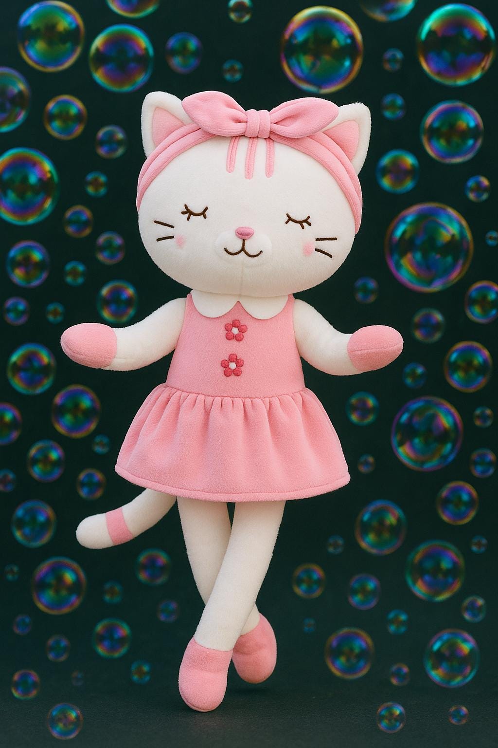 Handmade Dancing Cat Plush Doll – White Kitty, Pink Dress, Limited Edition Collectible