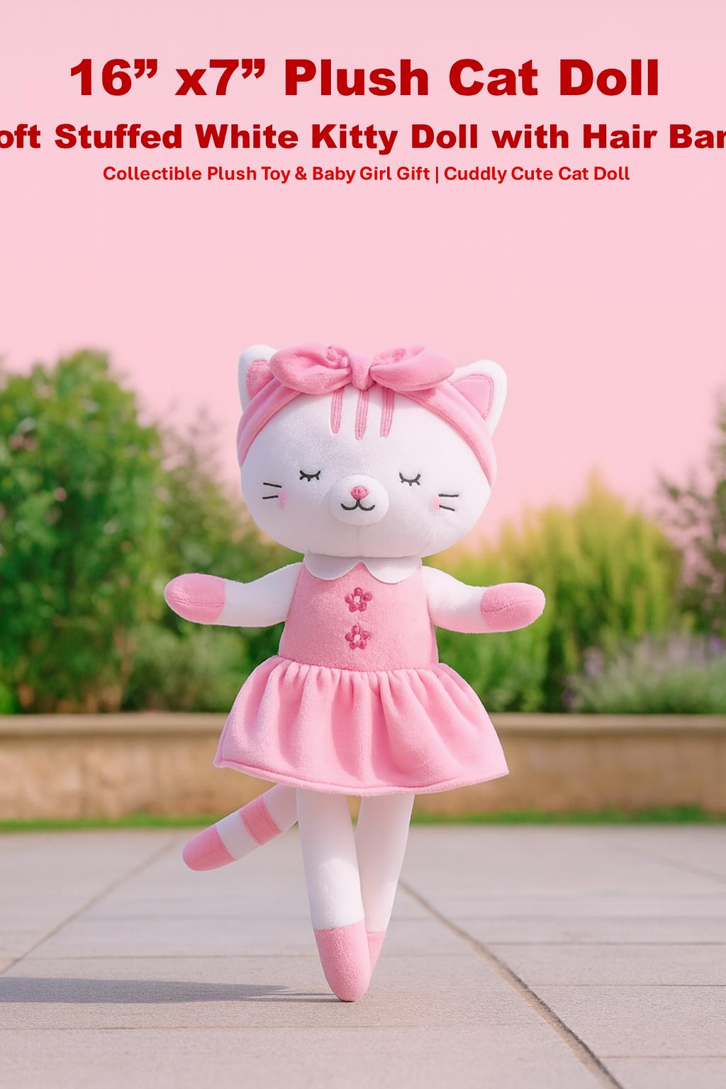 Handmade Dancing Cat Plush Doll – White Kitty, Pink Dress, Limited Edition Collectible
