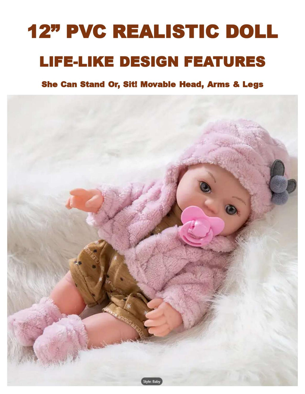 12” Realistic Baby Doll Pink Outfit Poseable PVC Collector Doll Gift