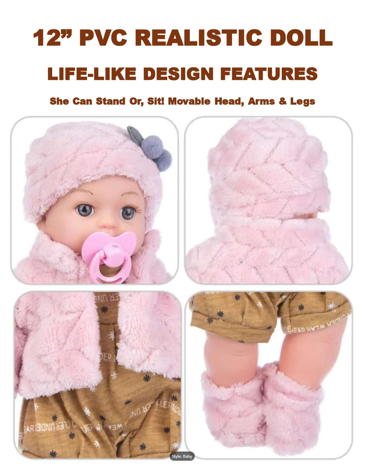 12” Realistic Baby Doll Pink Outfit Poseable PVC Collector Doll Gift