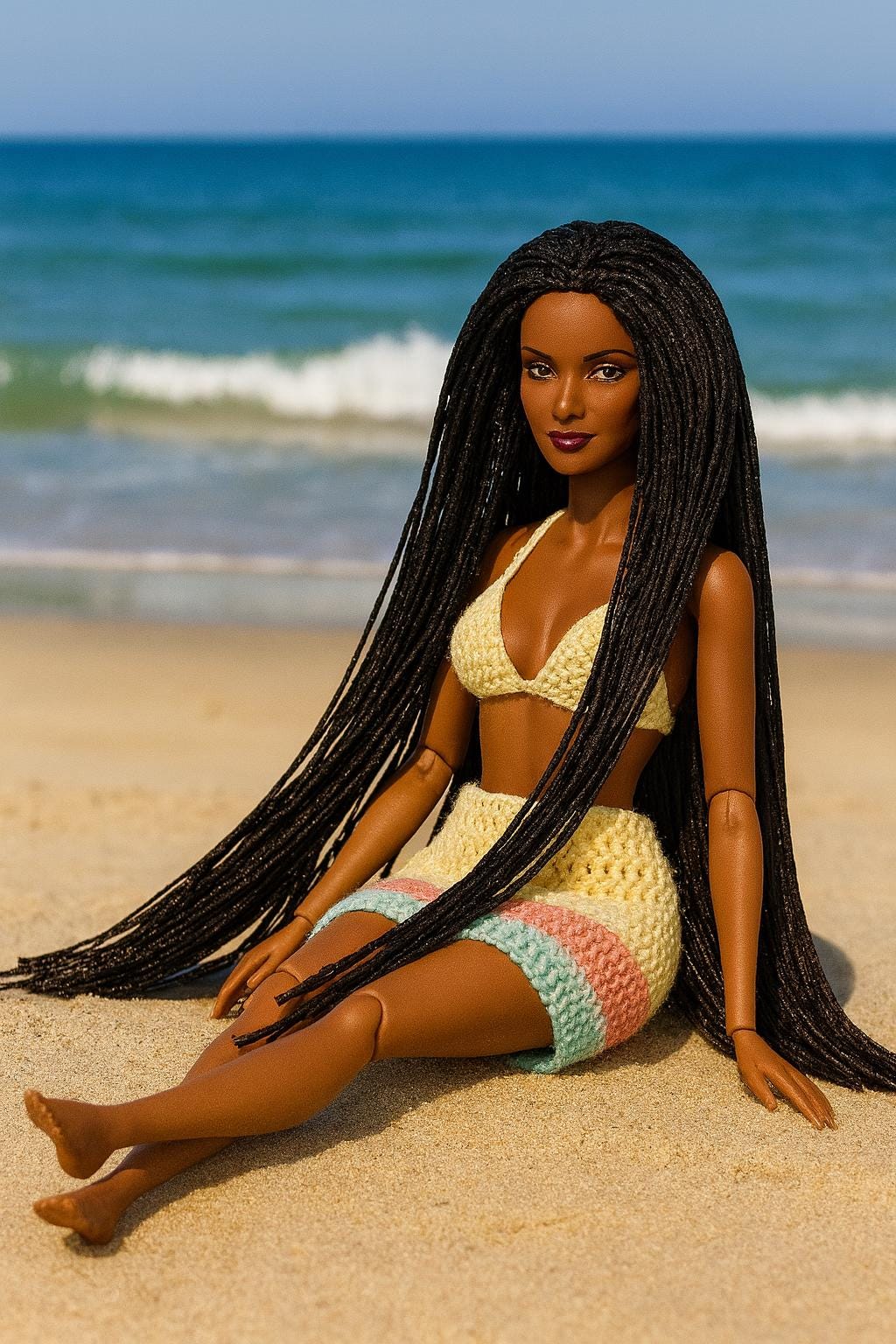 Handmade 12" PVC 3D Black Fashion Doll – Braided Beach Edition, Crochet Outfit