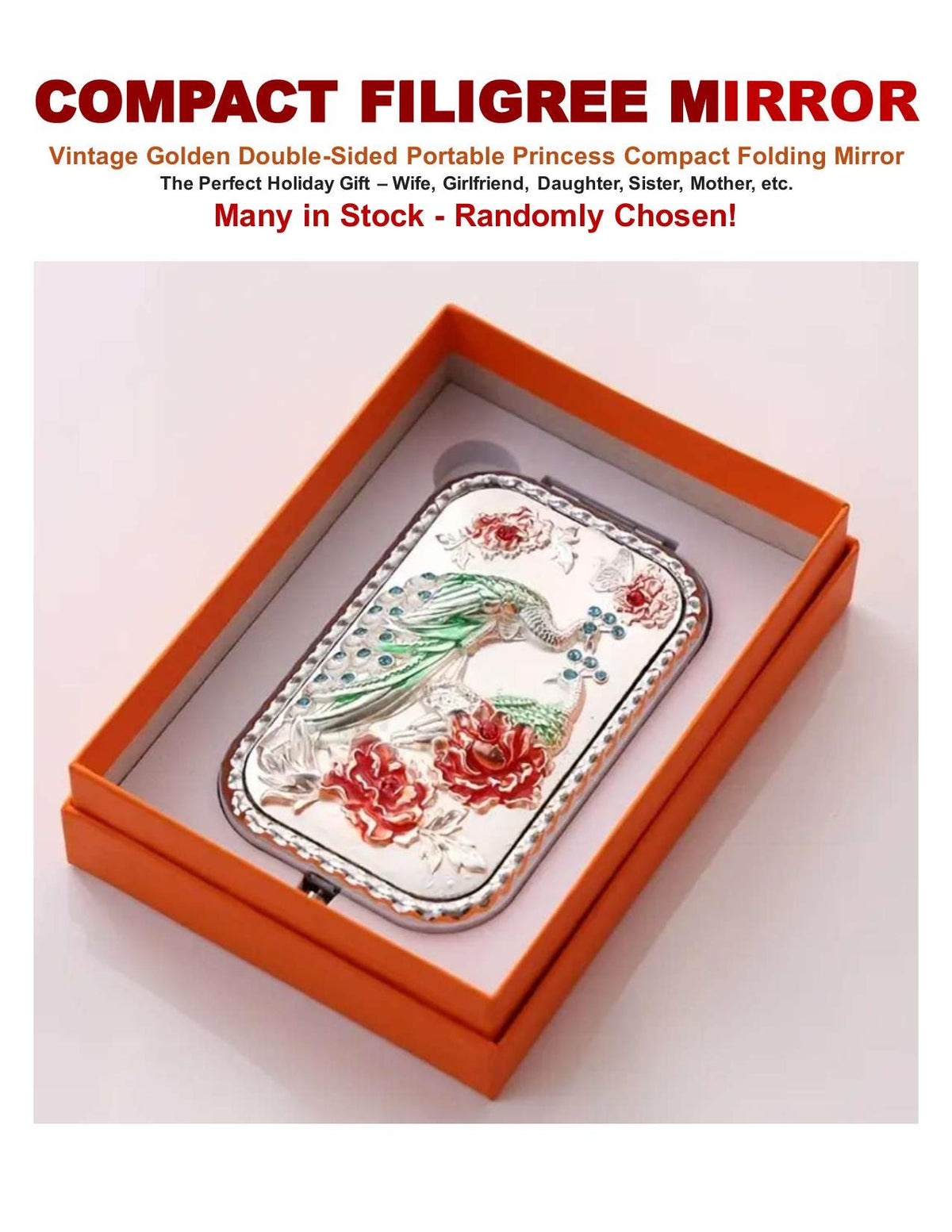 Compact Filigree Mirror – Vintage Golden Double-Sided Folding Mirror- Randomly Selected by Color Choice