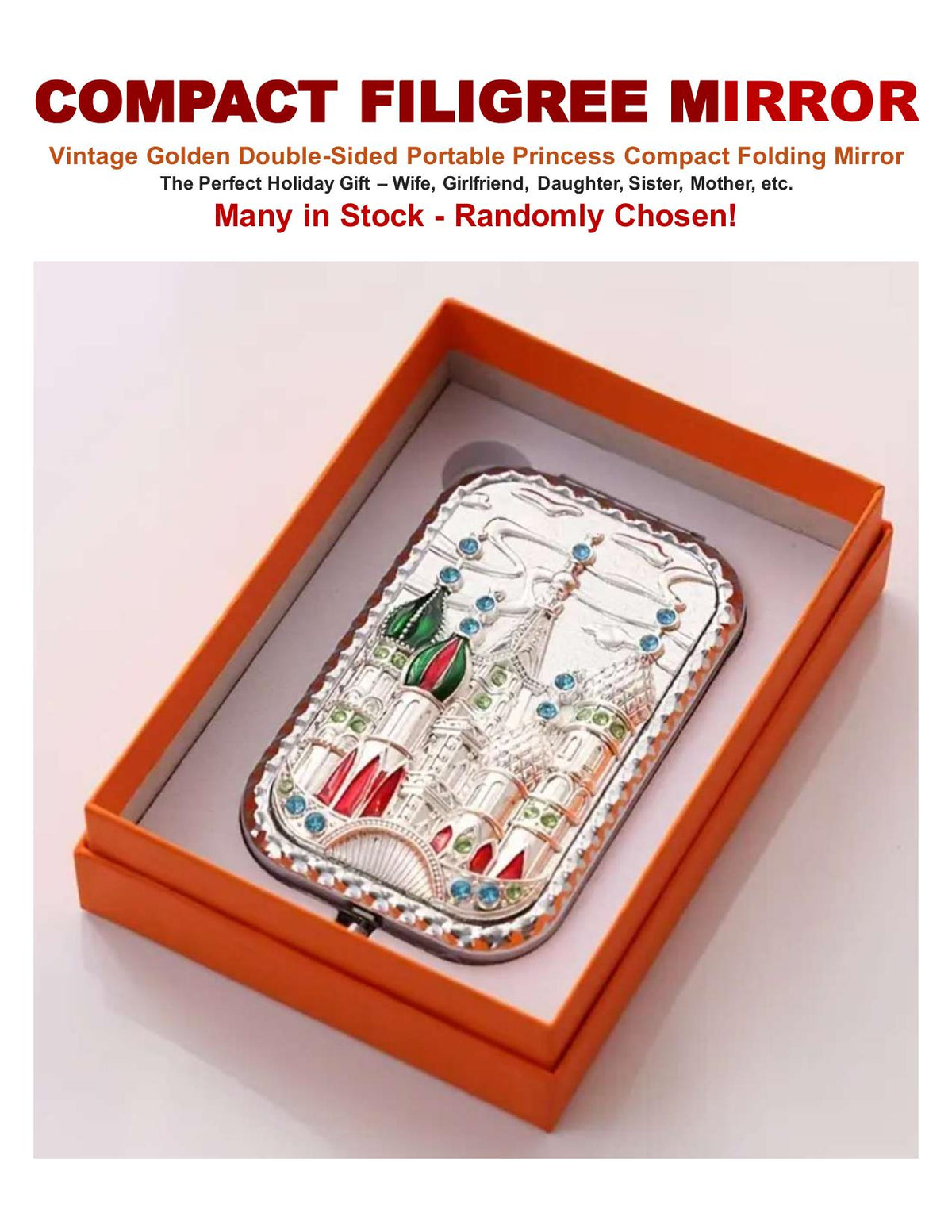 Compact Filigree Mirror – Vintage Golden Double-Sided Folding Mirror- Randomly Selected by Color Choice