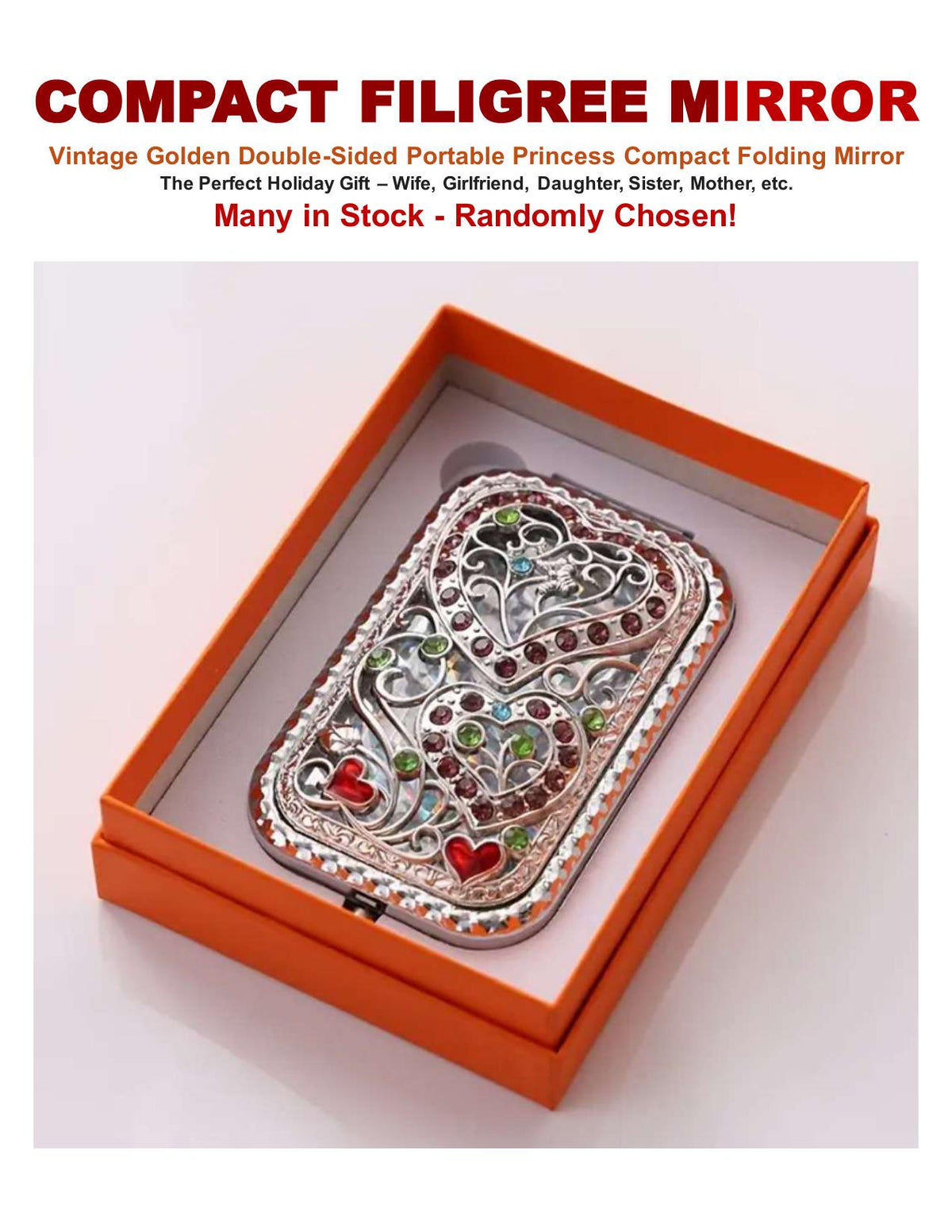 Compact Filigree Mirror – Vintage Golden Double-Sided Folding Mirror- Randomly Selected by Color Choice