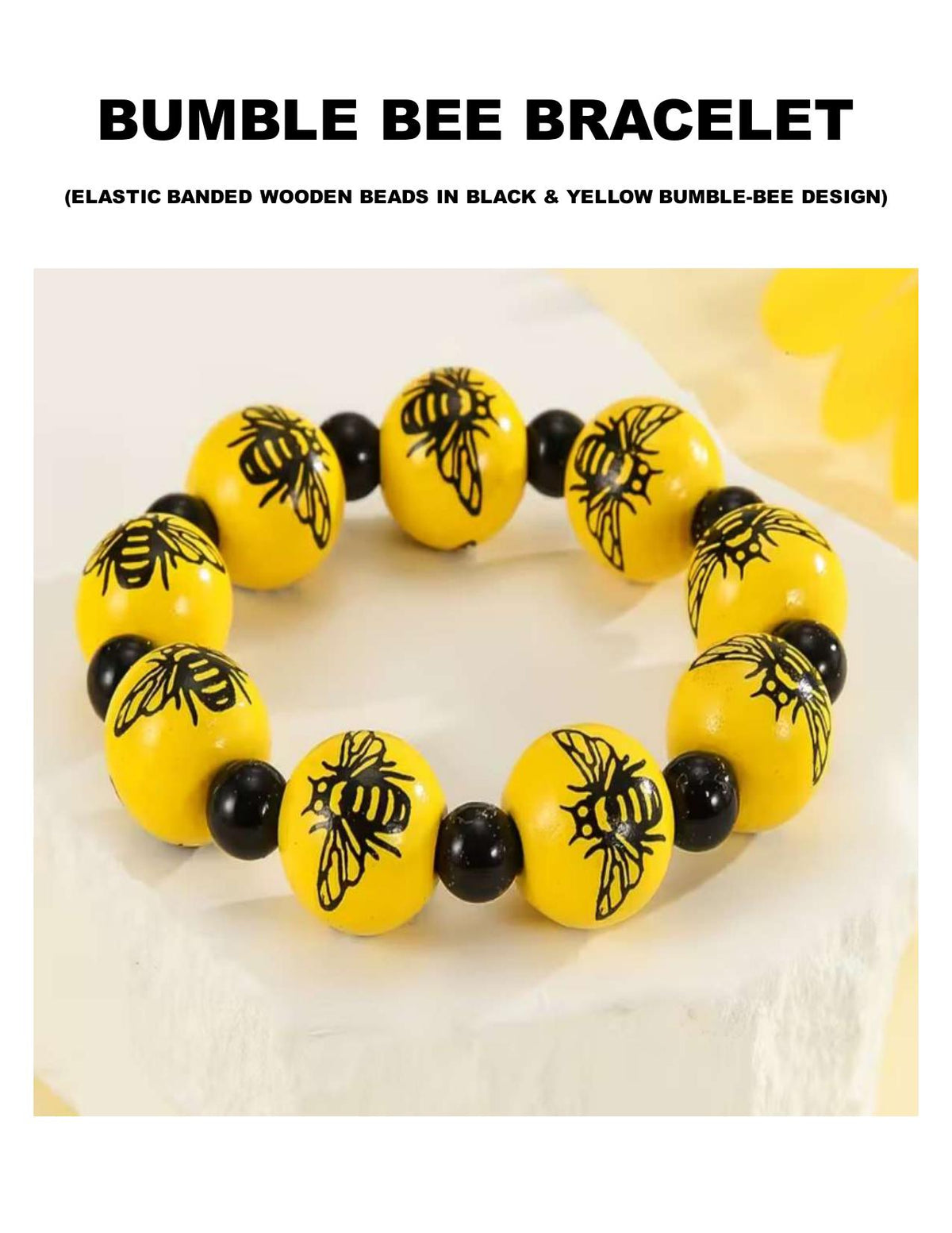 Bumble Bee Wooden Bead Bracelet: Handmade Black & Yellow Jewelry