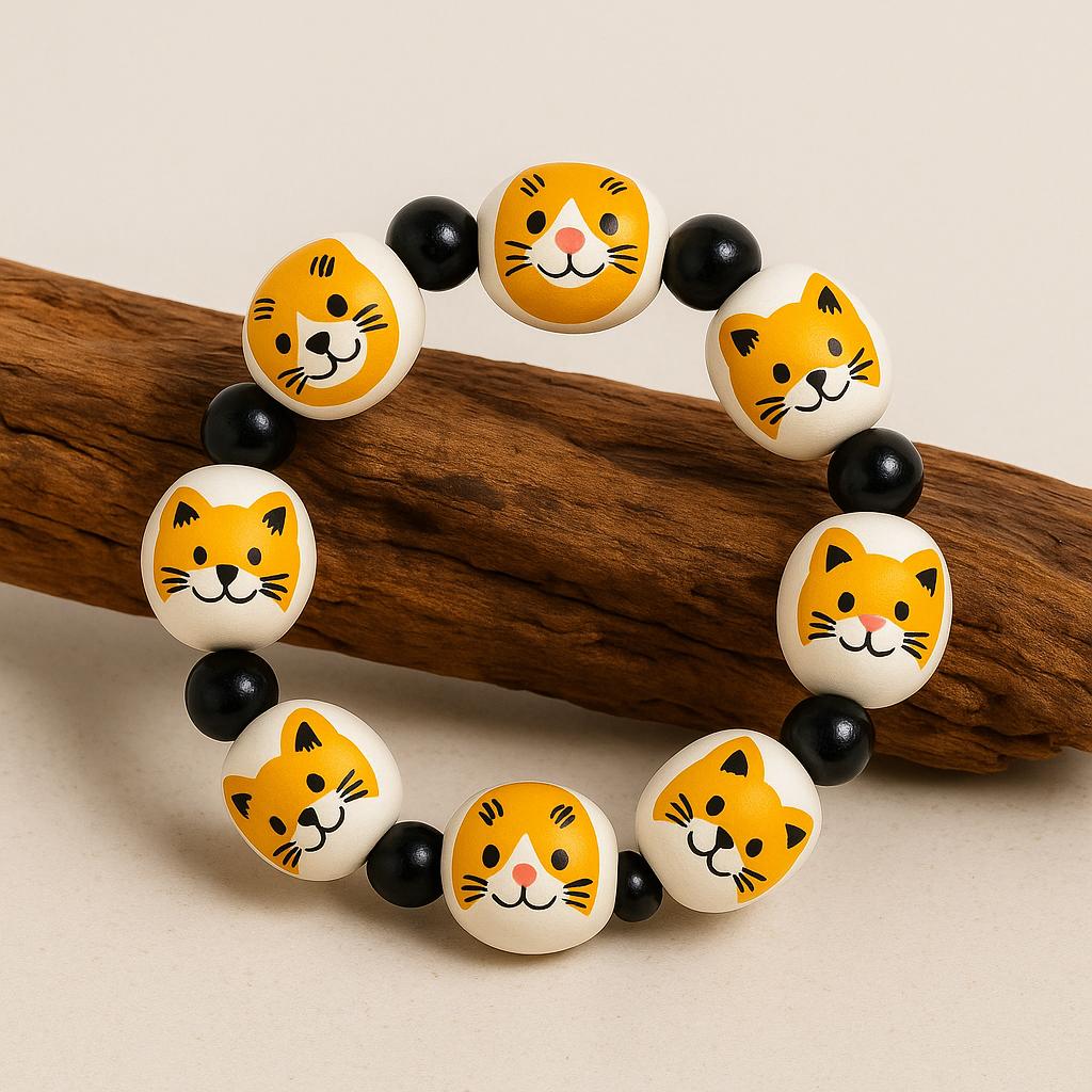 Yellow Cat Wooden Bead Bracelet - Handmade Friendship Jewelry