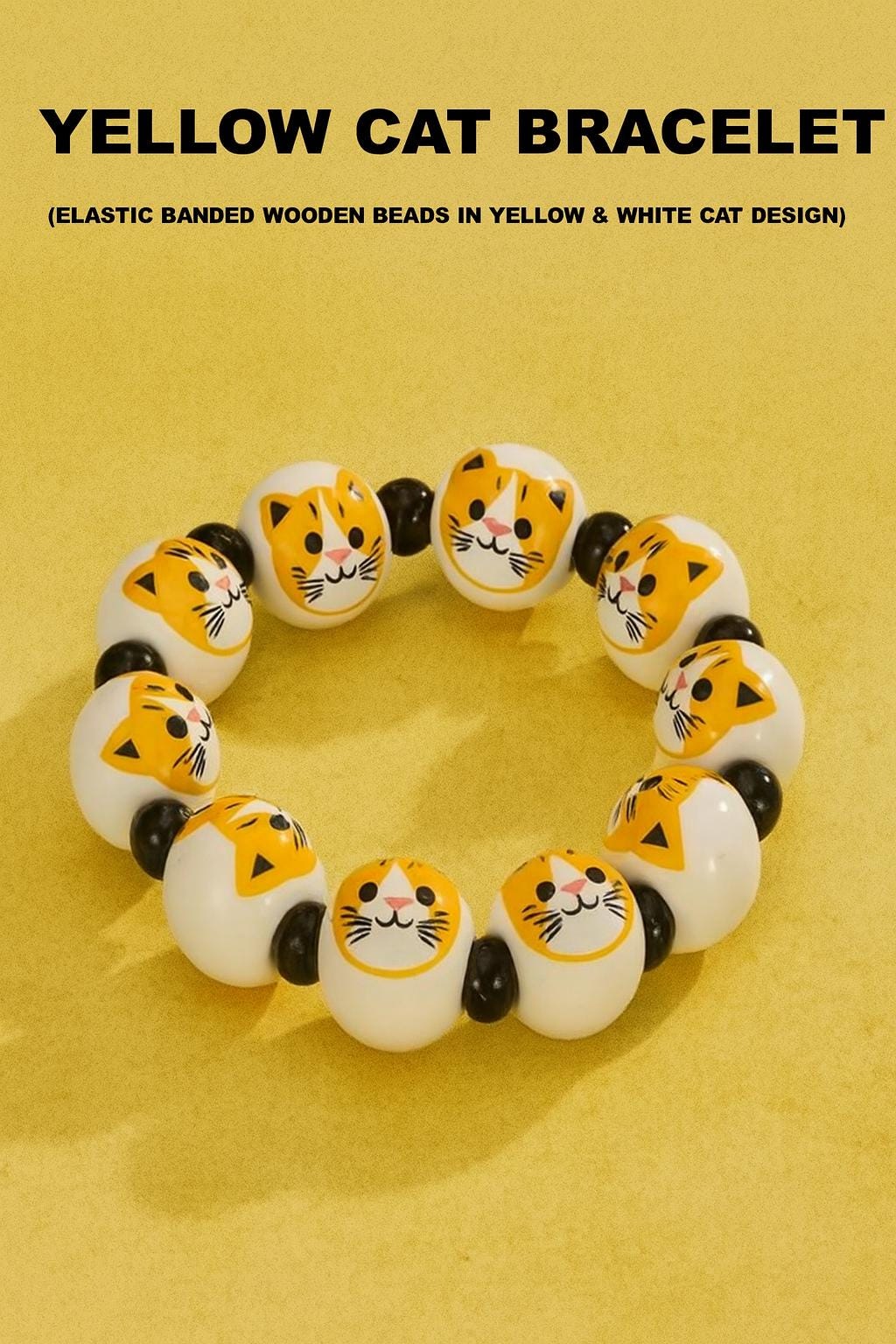 Yellow Cat Wooden Bead Bracelet - Handmade Friendship Jewelry