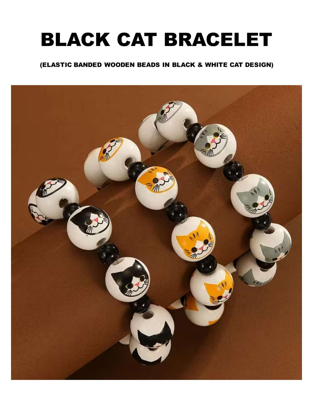 Black Cat Wooden Bead Bracelet - Handmade Stretchy Jewelry