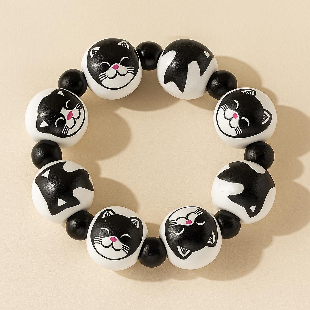 Black Cat Wooden Bead Bracelet - Handmade Stretchy Jewelry
