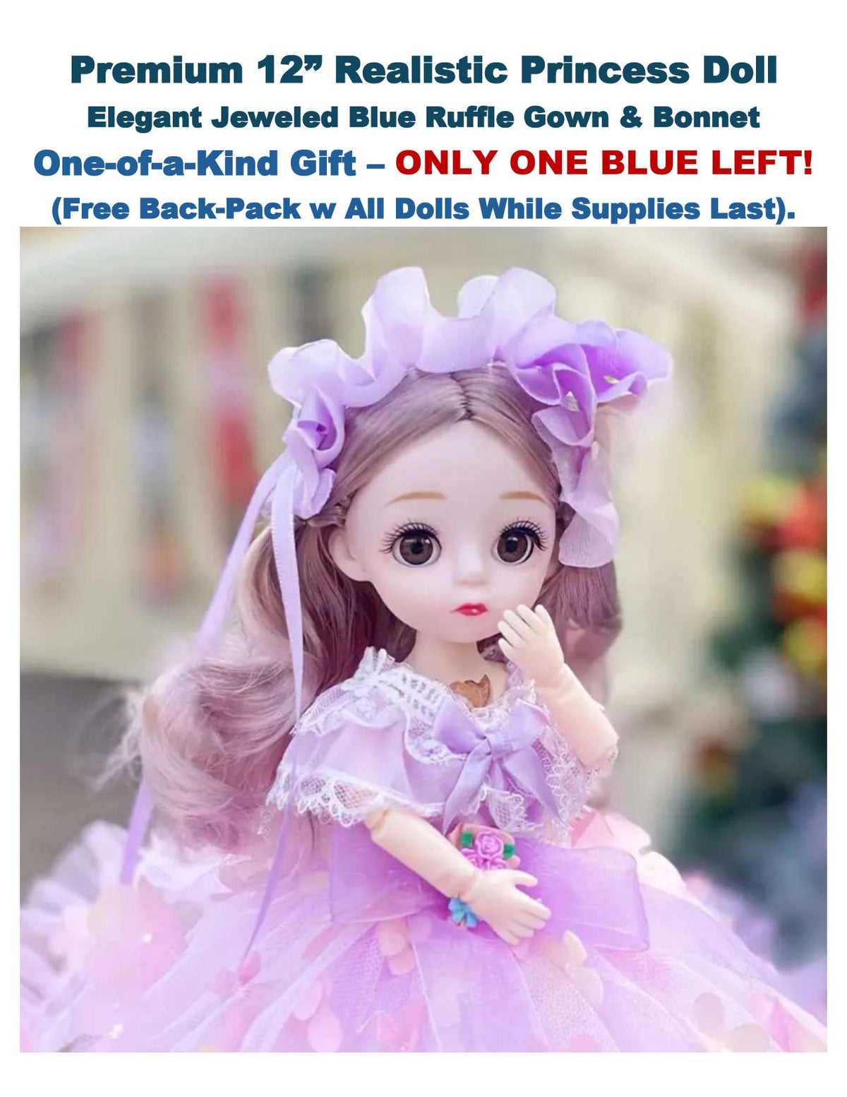 Collectible 12" Princess Doll – Jeweled Blue Ruffle Gown, Bonnet