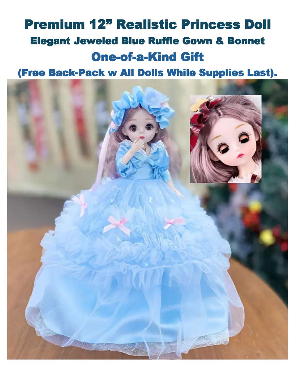 Collectible 12" Princess Doll – Jeweled Blue Ruffle Gown, Bonnet