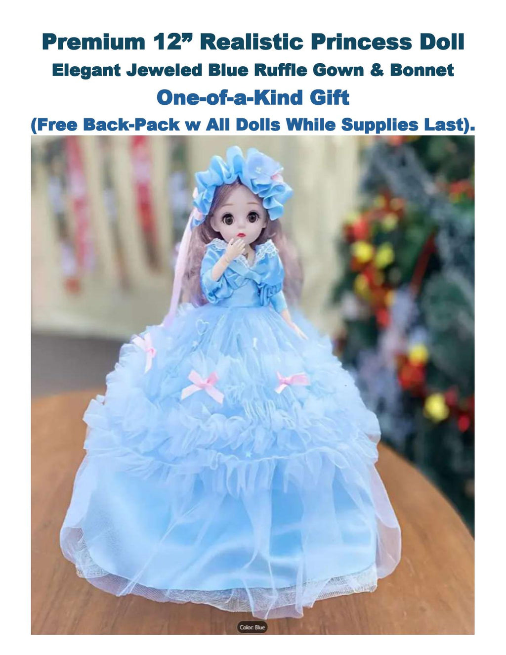 Collectible 12" Princess Doll – Jeweled Blue Ruffle Gown, Bonnet