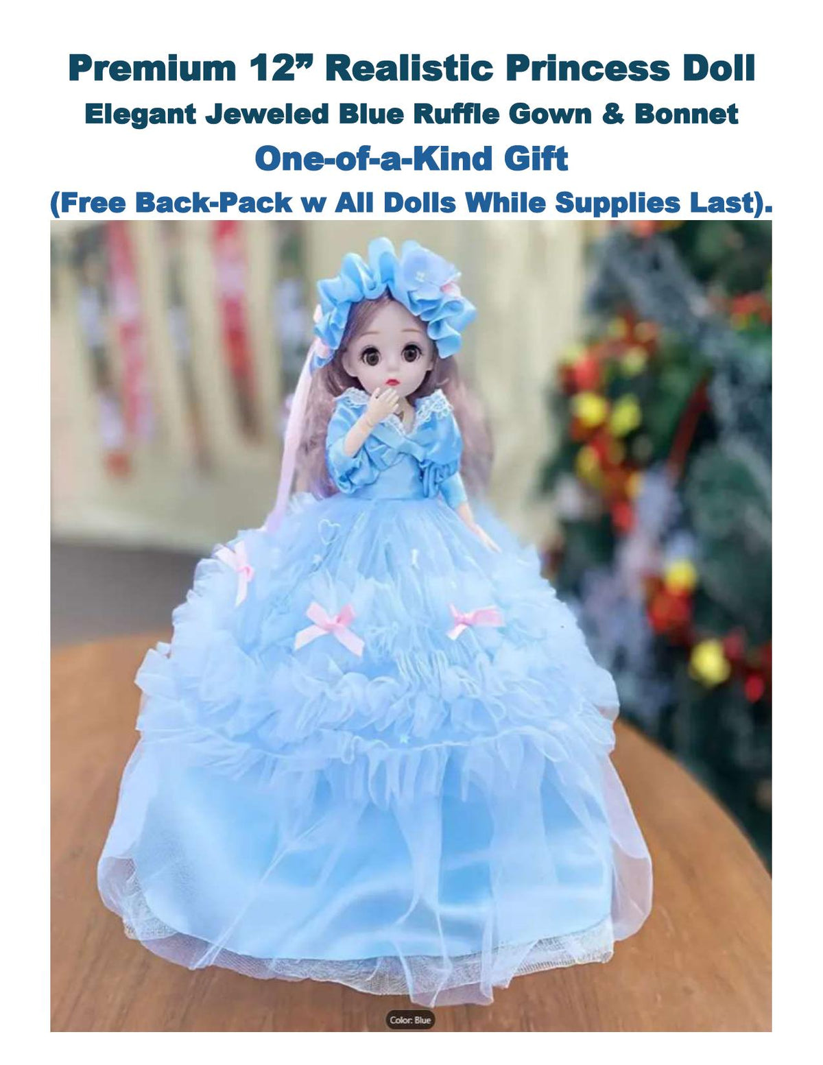 Collectible 12" Princess Doll – Jeweled Blue Ruffle Gown, Bonnet