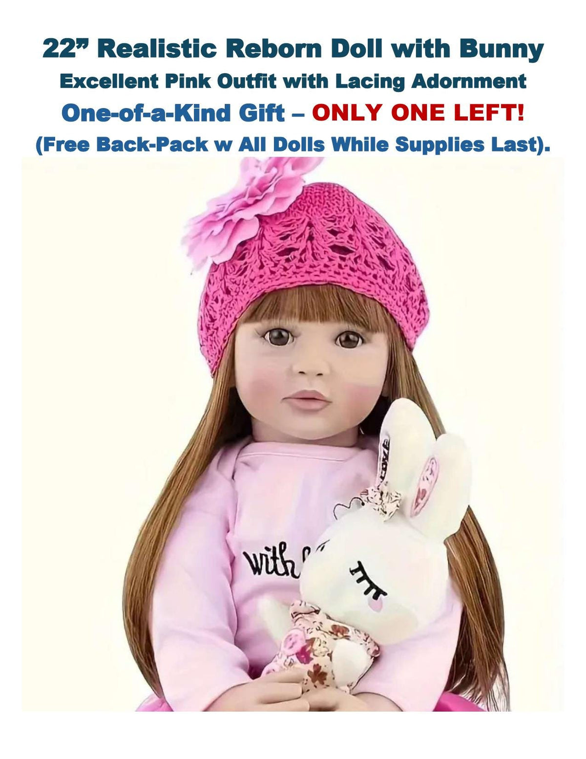 22" Lifelike Reborn Girl Doll – Brown Hair, Pink Outfit and Free Backpack