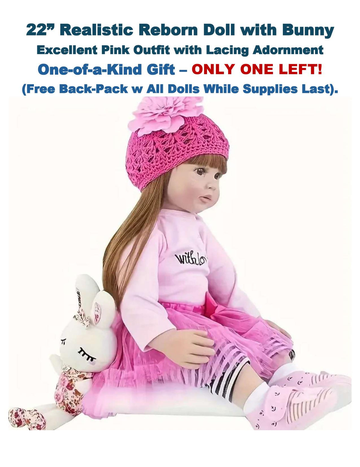 22" Lifelike Reborn Girl Doll – Brown Hair, Pink Outfit and Free Backpack