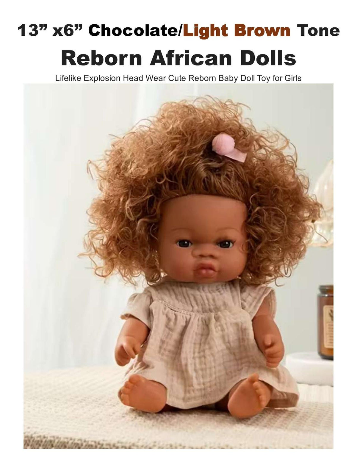 13" African American Reborn Doll: Curly Hair, Tulle Dress