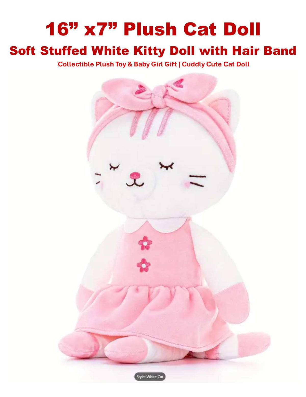 Handmade Dancing Cat Plush Doll – White Kitty, Pink Dress, Limited Edition Collectible