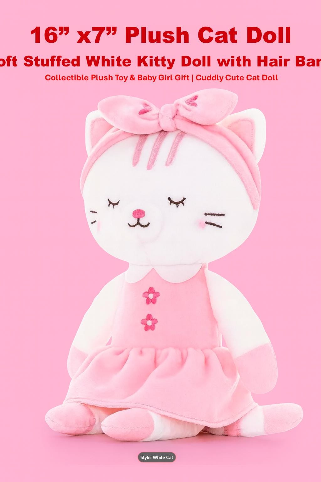 Handmade Dancing Cat Plush Doll – White Kitty, Pink Dress, Limited Edition Collectible