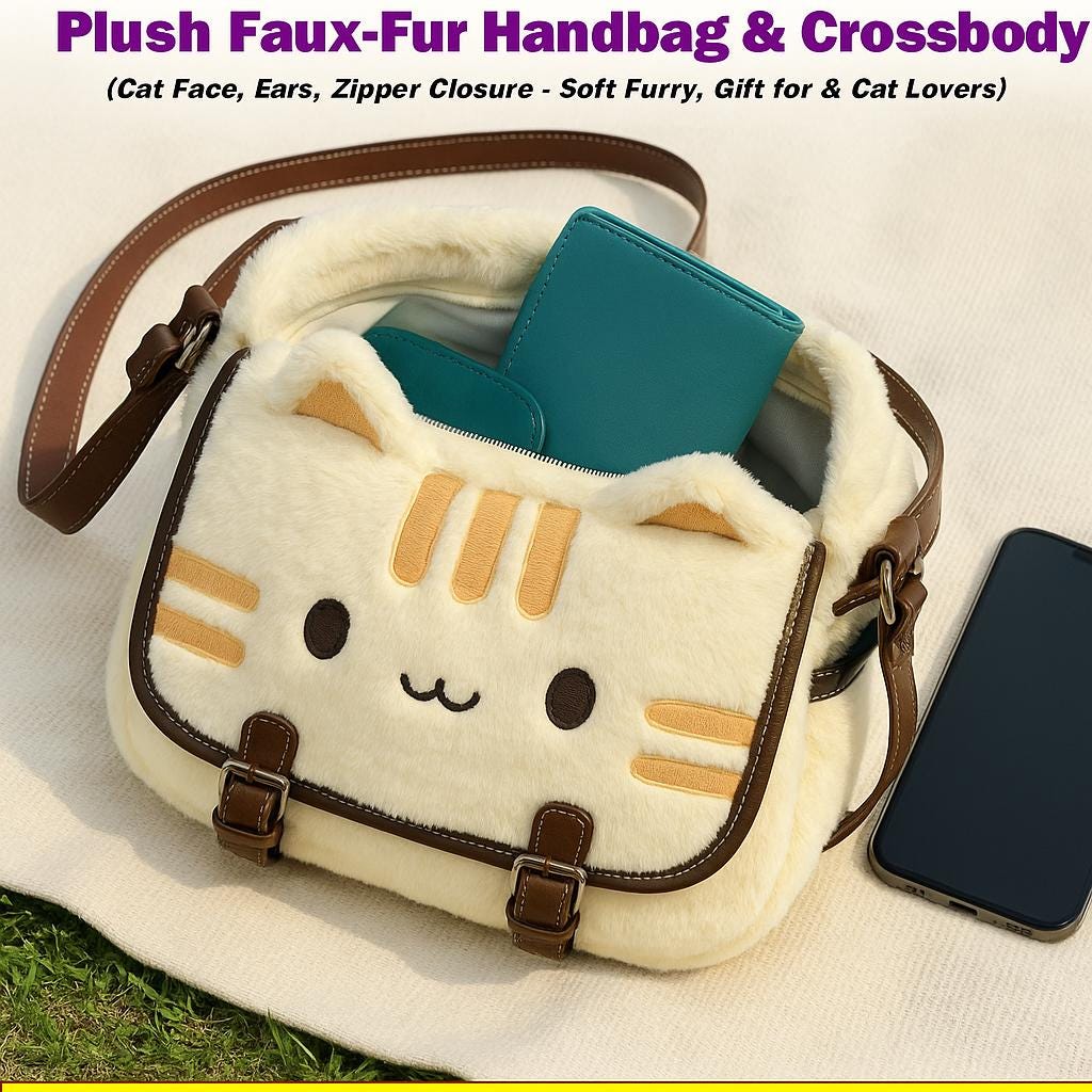 Banana Cat Plush Purse – Faux Fur Crossbody Bag, Kawaii Style