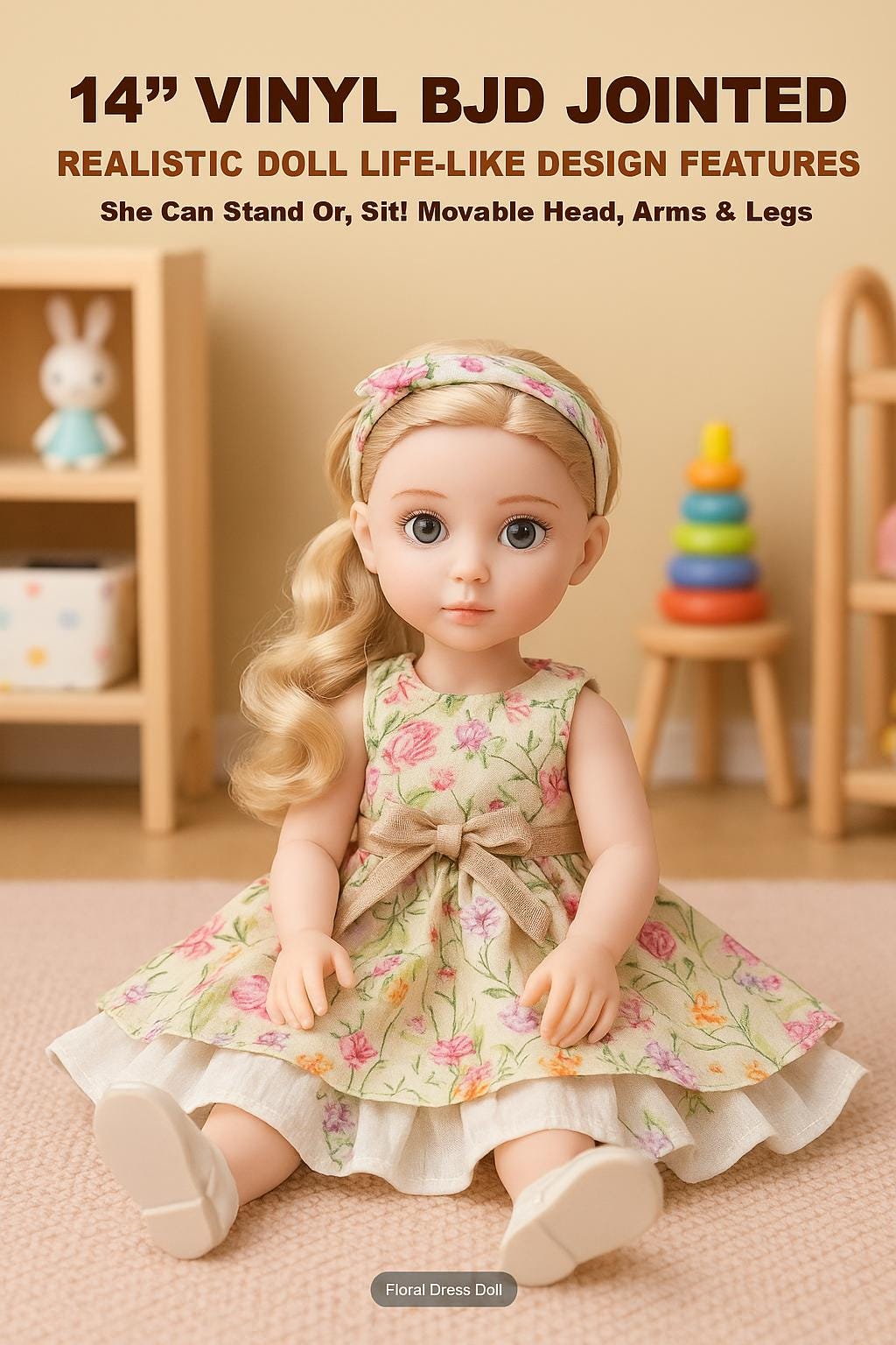 14” Ball Jointed Doll – Blonde Hair BJD Collector Doll with Floral Dress