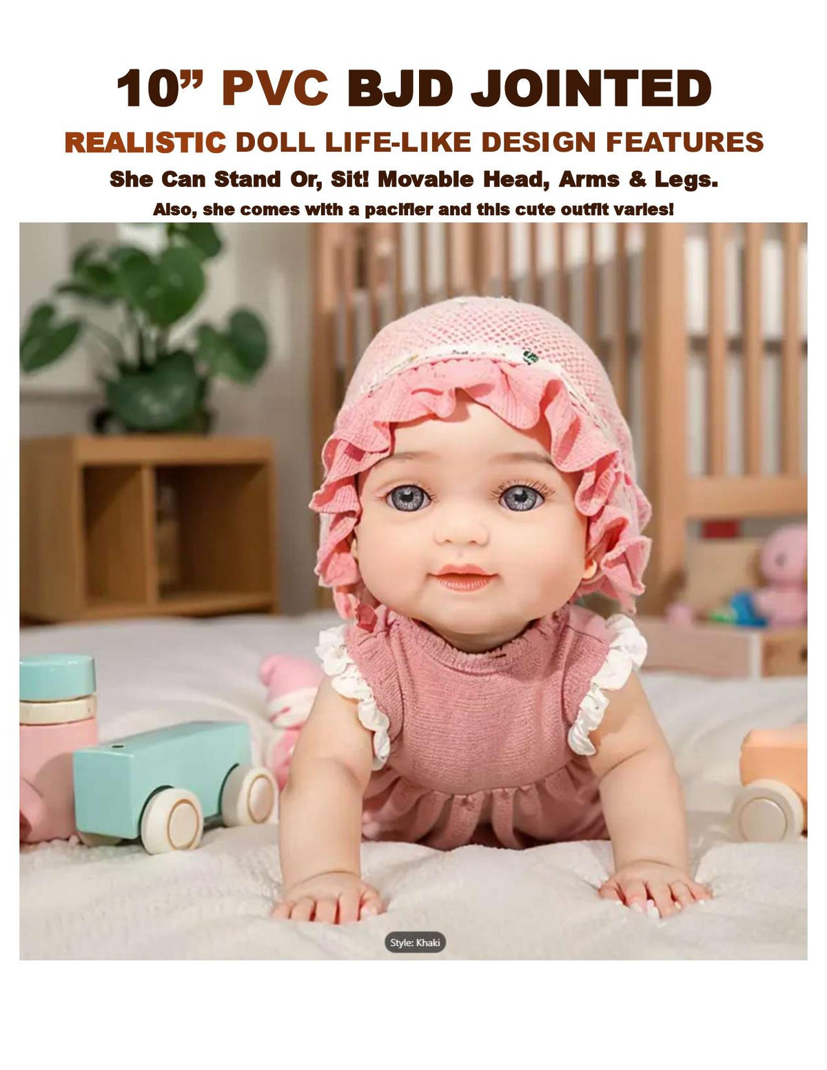 10” Ball Jointed Baby Doll – PVC BJD Poseable Doll with Pacifier