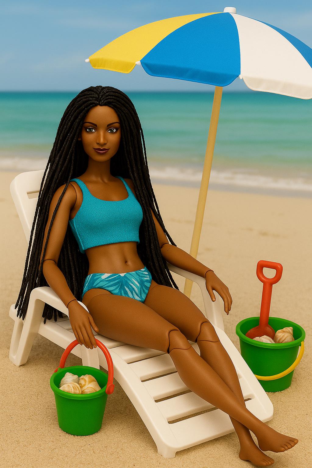 Handmade 12" PVC 3D Black Fashion Doll – Braided Beach Edition, Crochet Outfit