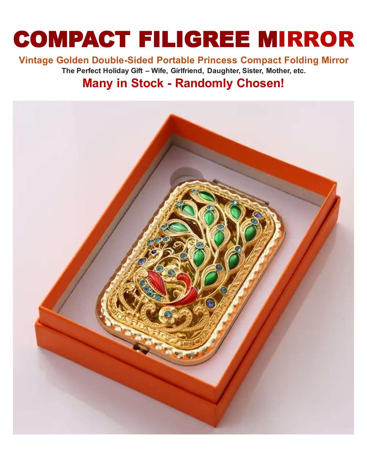 Compact Filigree Mirror – Vintage Golden Double-Sided Folding Mirror- Randomly Selected by Color Choice