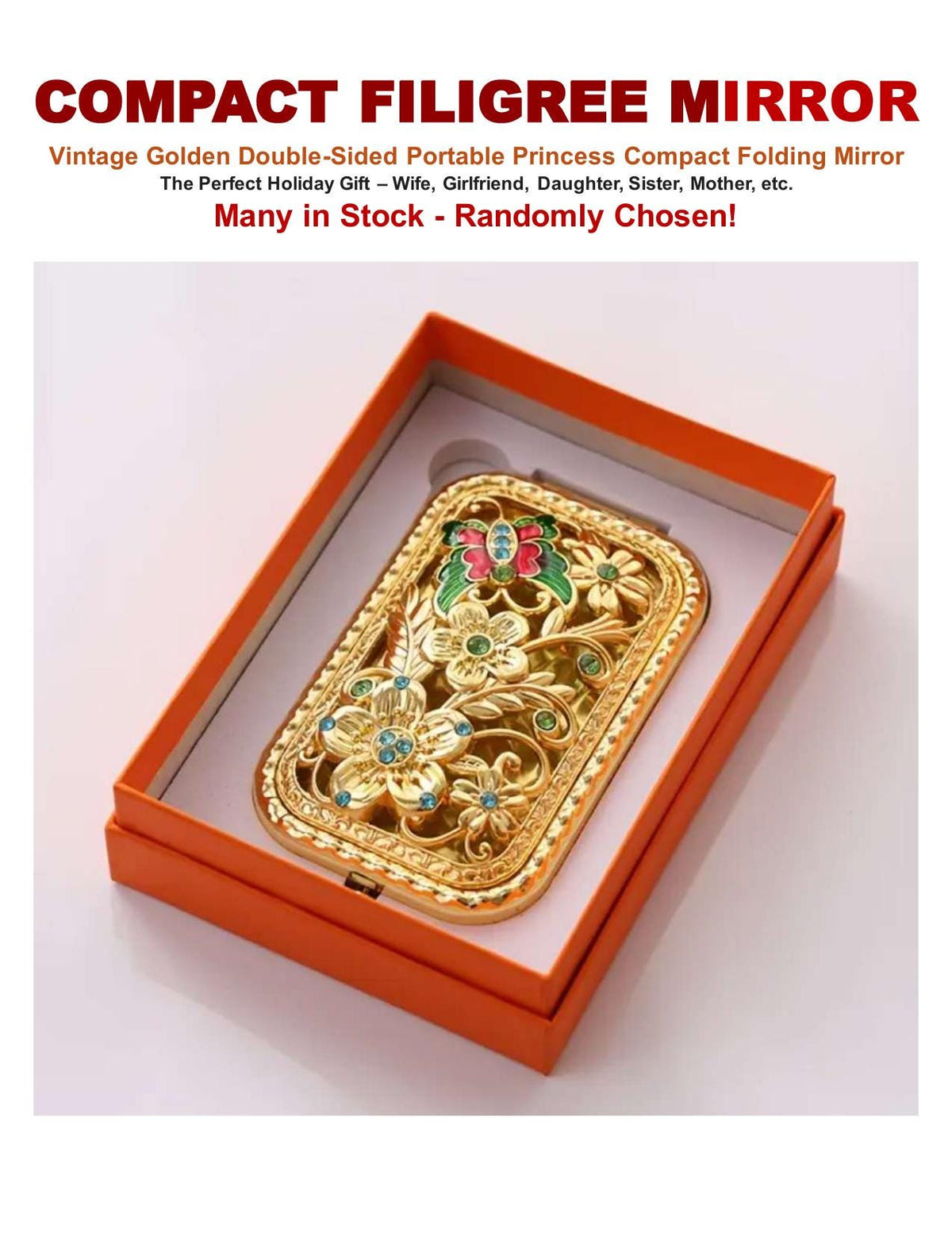 Compact Filigree Mirror – Vintage Golden Double-Sided Folding Mirror- Randomly Selected by Color Choice